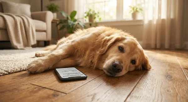 Golden retriever relaxing next to smartphone with pet insurance quote