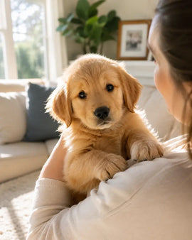 Person holding an 8-week-old golden retriever puppy in a sunlit American living room