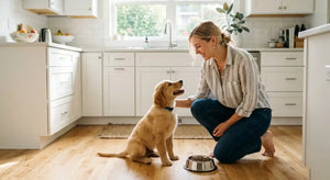 Young woman feeding golden retriever puppy on kitchen floor in bright American home — PawVortex puppy feeding schedule guide 2026.