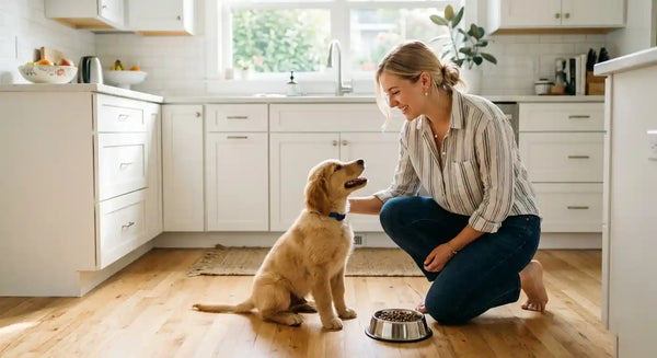 Young woman feeding golden retriever puppy on kitchen floor in bright American home — PawVortex puppy feeding schedule guide 2026.