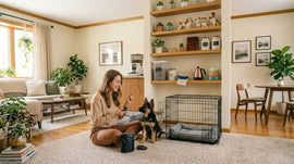 Puppy training session with clicker and treats in a cozy American living room | PawVortex