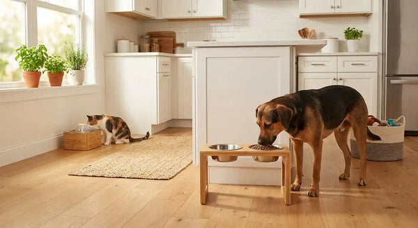 Happy lab mix eating from elevated dog bowl stand in sunny American kitchen. PawVortex USA.