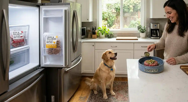 Raw dog food patties in a refrigerator next to a golden retriever waiting for breakfast in a bright American kitchen.