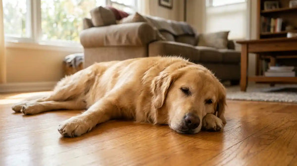 A golden retriever displaying relaxed dog body language — soft eyes, loose posture, and gentle open mouth on a sunny living room floor