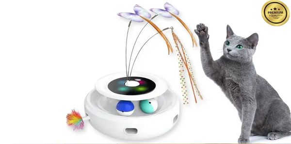 Cat toy with moving parts and a Luna reaching for it on a white background