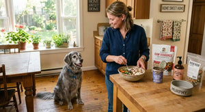 Senior Golden Retriever watching their owner prepare a nutritious dog diet in an American kitchen, PawVortex senior dog nutrition guide