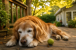 Senior Golden Retriever with gray muzzle resting contentedly on a sunlit wooden porch, representing dog aging and life expectancy