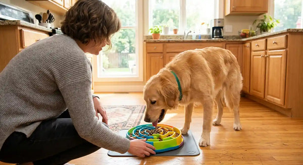 Golden retriever eating from a maze slow feeder bowl in a sunny American kitchen, PawVortex USA.