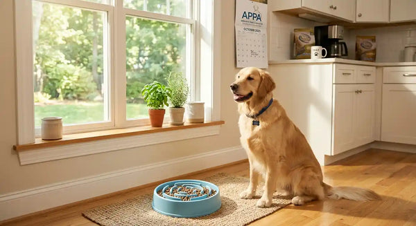 Golden retriever Max sitting next to slow feeder bowl in sunny American kitchen, PawVortex bloat prevention.