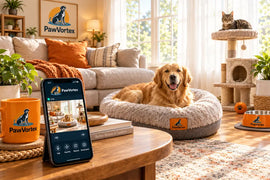 Smart pet tech setup in a bright American home with dog, cat, and pet camera app on smartphone — PawVortex USA