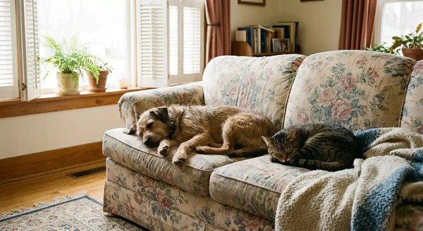 Dog and cat resting calmly on a living room couch, representing post-spay or neuter recovery.