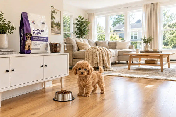 PawVortex USA teacup poodle standing by a small bowl of kibble in a bright American living room