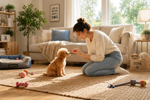 Young woman training an apricot teacup poodle puppy to sit in a bright American living room, representing PawVortex training guides.