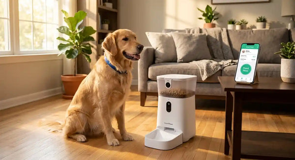 Happy dog waiting by smart wifi pet feeder with phone app control in American home Placement: Hero image at top of article, after H1 and before introduction paragraph.