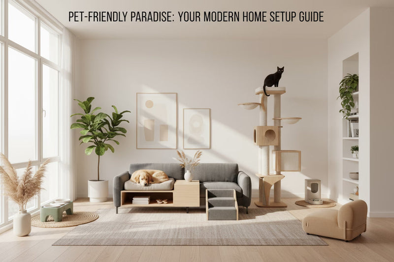 Perfect pet home setup with dog bed, cat tree, feeding stations and comfort products in modern living space