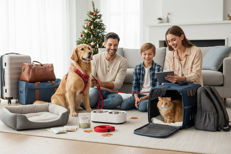 Holiday pet travel essentials including portable bed, smart feeder, and calming treats for dogs and cats
