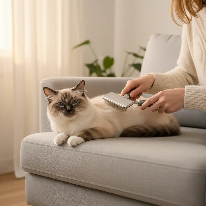 Paw Vortex pet parent gently brushing a seal point Ragdoll cat with a slicker brush on a cream sofa. Cat appears relaxed, eyes half-closed, enjoying the grooming session. Bright, clean living room background with soft natural light.