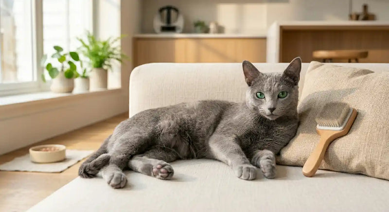 Russian Blue cat with plush silver-blue double coat lounging beside a grooming brush on a modern sofa, showcasing the breed's signature dense fur and elegant appearance