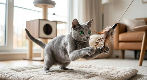 Russian Blue cat playing with interactive feather wand toy on colorful play mat indoors