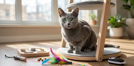 Russian Blue cat sitting calmly on a modern cat tree, looking at the camera with soft green eyes, surrounded by interactive toys and training treats in a bright, minimalist home setting