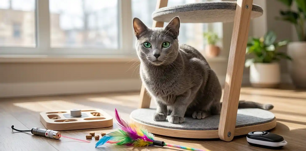 Russian Blue cat sitting calmly on a modern cat tree, looking at the camera with soft green eyes, surrounded by interactive toys and training treats in a bright, minimalist home setting