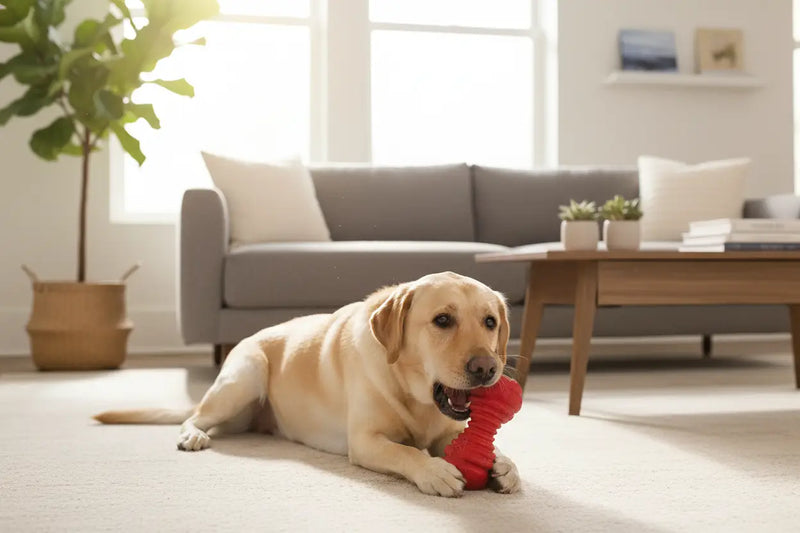 Yellow Labrador Retriever happily chewing durable rubber toy indoors, demonstrating proper chewing behavior with quality dog toys