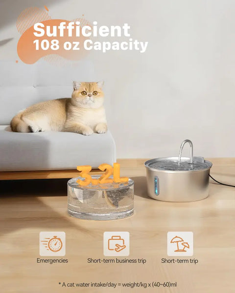 108oz 3.2L large capacity pet water fountain suitable for multi-pet households and long trips.