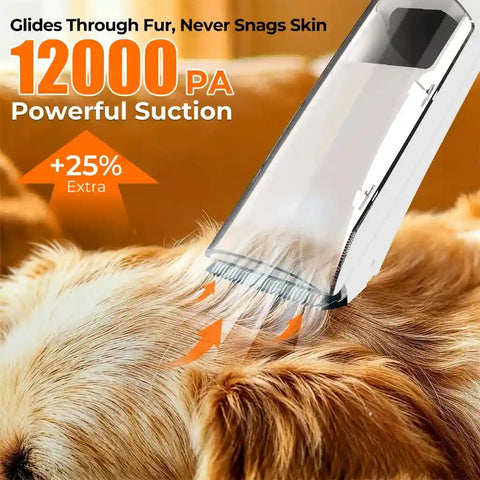 Electric pet clippers with 12000Pa powerful suction trimming a dog's fur without snagging skin.