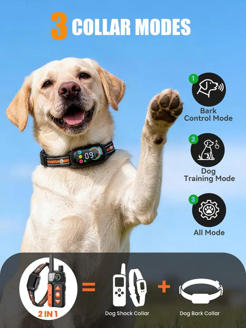Infographic showing 3 collar modes: automatic bark control mode, remote dog training mode, and combination mode