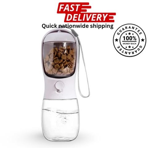 Pet water bottle with food dispenser on a white background, fast delivery and guarantee text