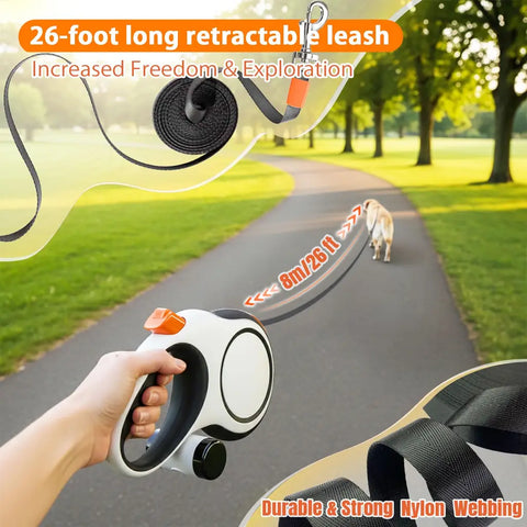A dog walking on a park path with a 26-foot (8m) long retractable leash made of durable nylon webbing.