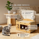 Multifunctional 3-in-1 cat scratcher condo featuring premium woven sisal, interactive hanging toys, and black metal hardware.