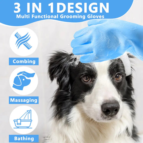 multifunctional silicone gloves used for combing, massaging, and bathing a dog.