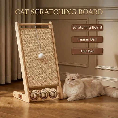 Premium 3-in-1 wooden cat scratching board and lounge bed featuring a sisal scratching mat, hanging teaser ball, and rolling toy balls with a fluffy cat sitting next to it.