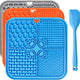 Three pack dog licking mats stacked in grey, orange, and blue colors next to a blue silicone spatula tool.