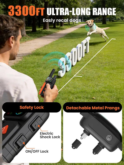 3,300-foot ultra-long-range remote dog collar with close-up diagrams of safety lock switch and detachable metal prongs