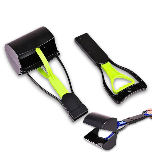 Two pet poop scooper with bright green handles on a white background