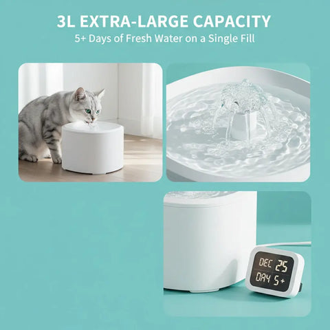 3-liter extra-large capacity pet water fountain providing up to 5 days of fresh water for a cat.