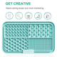 Interactive pet slow feeder mat showcasing suitable foods like peanut butter, yogurt, and pumpkin puree.