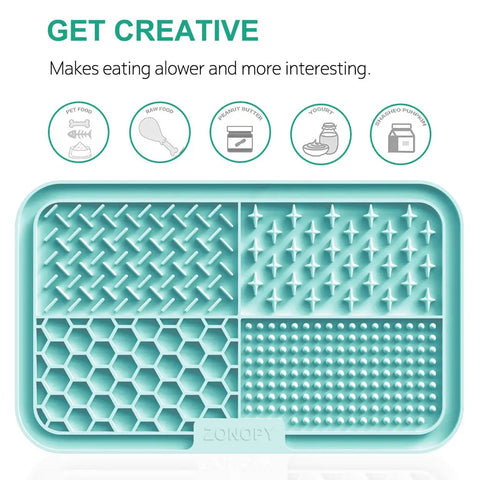 Interactive pet slow feeder mat showcasing suitable foods like peanut butter, yogurt, and pumpkin puree.