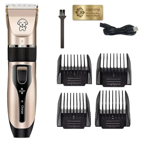 High-speed 5800 RPM pet clipper kit with four guard combs and a replacement cutting head.