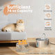 74oz 2.2L capacity cat water fountain showing water volume comparison for short trips.