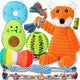 A 9-pack assortment of puppy chew toys including a stuffing-free fox squeaky toy, plush avocado and donut, colorful rope toys, a green treat dispensing ball, and dog poop bags.