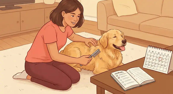 An illustration of a woman gently examining the coat of a fluffy golden retriever in a cozy living room. She is parting the fur with one hand and holding a flea comb in the other. On a nearby table, there is an open journal with a checklist and a calendar with the first of the month circled, suggesting a monthly routine.