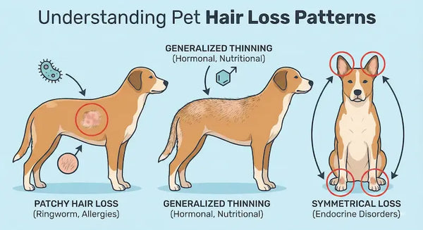 An infographic illustrating three types of pet hair loss on dogs. The first shows a dog with patchy hair loss, labeled "PATCHY HAIR LOSS (Ringworm, Allergies)". The second shows generalized thinning on a dog's back, labeled "GENERALIZED THINNING (Hormonal, Nutritional)". The third shows a dog with hair loss on its ears and paws, labeled "SYMMETRICAL LOSS (Endocrine Disorders)".