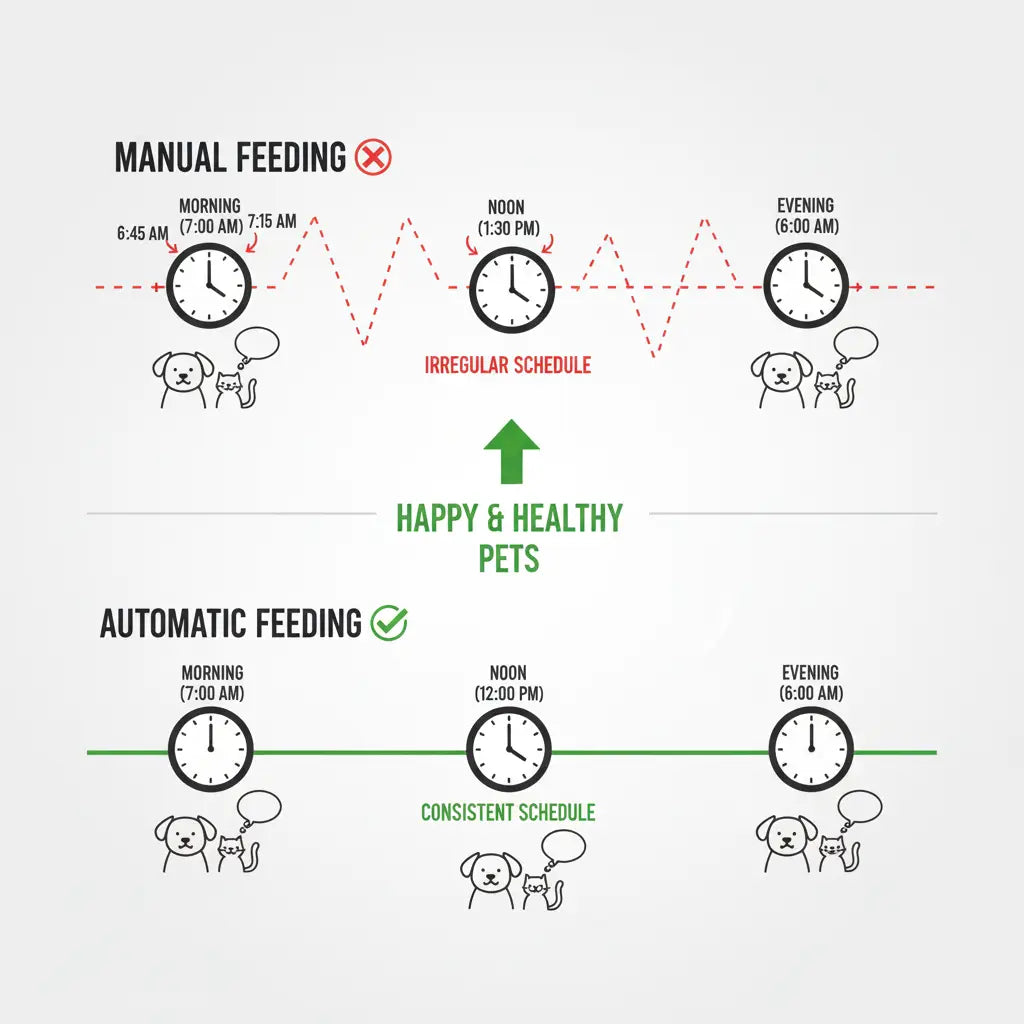 Timeline infographic showing feeding times for morning, noon, and evening. One timeline for manual feeding (irregular), another for automatic feeder (consistent), with happy pet icons
