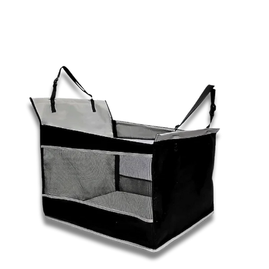 Black and gray pet carrier with straps on a white background