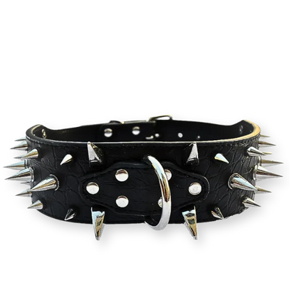 Black leather dog collar with silver spikes on a white background