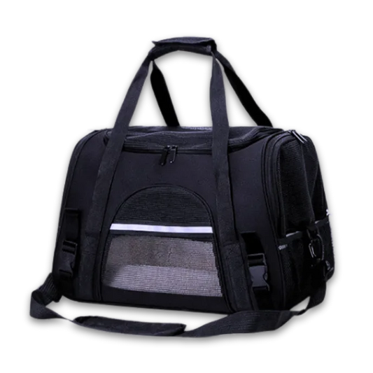 Black pet carrier with mesh side on a white background