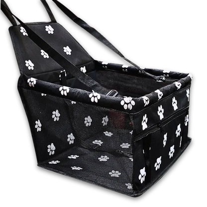 Black pet carrier with white paw prints on a white background